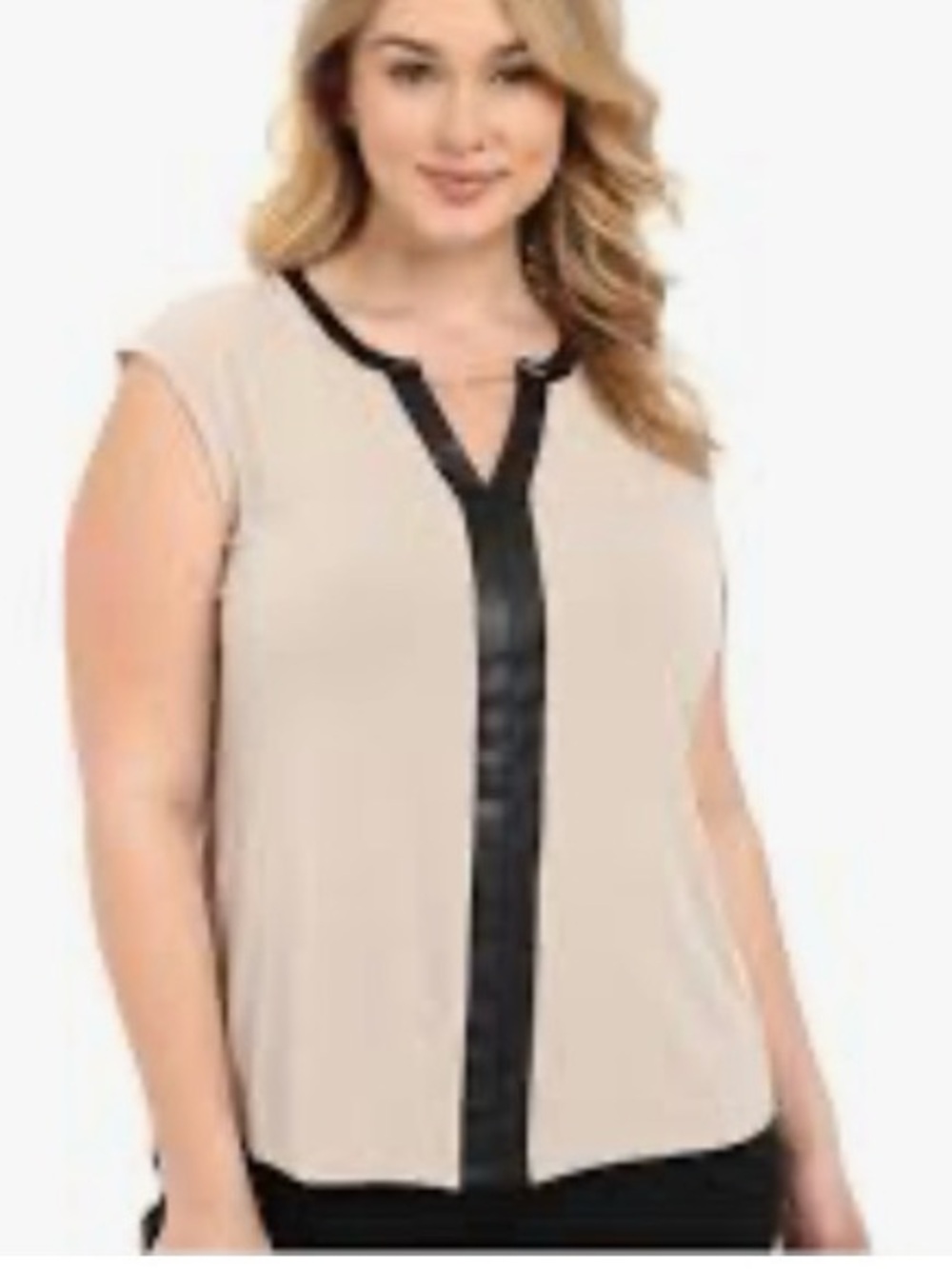 Calvin Klein Sleeveless Faux-Leather Trim Blouse - Blush Pink top.